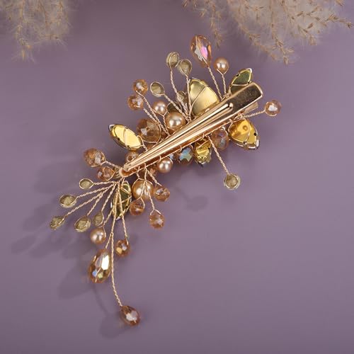 Teyglen Bridal Rhinestone Hair Clip Champagne Pearl Crystal Hair Barrette Sparkly Hair Piece Wedding Hair Clips Hair Accessories Jewelry for Women (Champagne) - color: Champagne