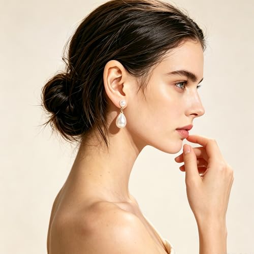 Teardrop Pearl Drop Earrings for Women Classic White Waterfall Dangle Earrings Elegant Gold Plated Wedding Bridal Pearl Ear Jewelry for Daily Party Evening Wear