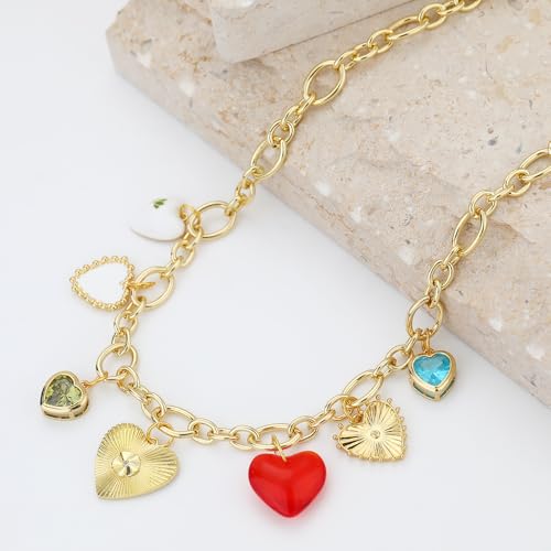Charm Necklace for Women Gold Evil Eye Sun Moon Flower Coin Pendant Necklace Dainty Paperclip Chain Vintage Luck Amulet Choker Necklaces Celestial Jewelry Gift - style: 7 Heart Charms