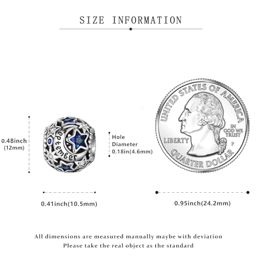 925 Sterling Silver Birthstone Star & Moon Bead Charms with Cubic Zirconia | 12 Months Birthstones, Compatible with Pandora & European Bead Charms Bracelets,Celestial Birthday Jewelry Gift for Women - color: September Deep Blue Birthstone Charm