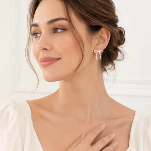 Gold Bow Knot Stud Earrings, Pearl Bow Earrings, for Women | Pearl Beaded Dangle Statement Earring, Pearls Earrings Small Tiny Simple Bows Earring Jewelry, Wedding Fashion Jewelry Gifts