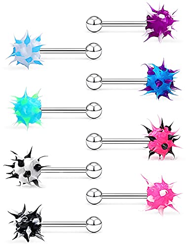 Prjndjw 14G Silicone Soft Spike Ball Tongue Rings Surgical Steel Tongue Rings Koosh Spiky Body Piercing Jewelry 8Pcs 16MM