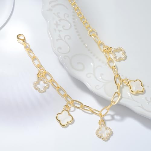 Gold Clover Charm Link Bracelet for Women Elegant Mother of Pearl Lucky Four Leaf Clover Bracelet Cute Colorful Rhinestone Clover Pendant Bracelet Adjustable Link Chain Trendy Party Jewelry Gift - style: Gold Clover