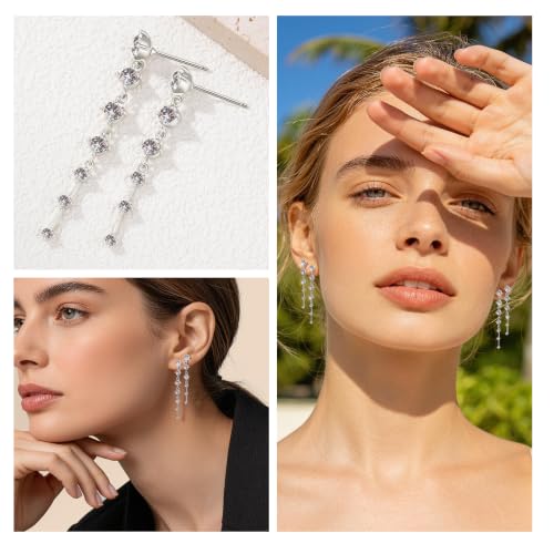 2 Pairs Long Diamond Dangle Tassel Earrings for Women | 14K Gold Silver Plated, Dainty Diamond Crystal Drop Earring, Small Cz Statement Dangly, for Wedding Bridesmaid, Jewelry Gifts - color: 2 Pairs Silver
