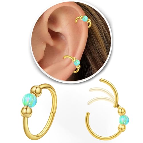 2 Pcs Small Cartilage Hoop Earrings for Women Men, 18G Opal Silver Earrings Hypoallergenic 316L Surgical Steel Hinge Huggie Hoop Earrings for Helix,Tragus,Conch,Rook,Earlobe Piercing Jewelry Nose Ring - style: 1Pc8mm+1Pc10mm Green Opal/Gold