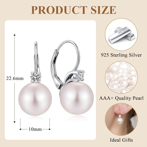 925 Sterling Silver Pearl Leverback Earrings for Women Cubic Zirconia Pearl Jewelry 10MM - color: A: Leverback-White