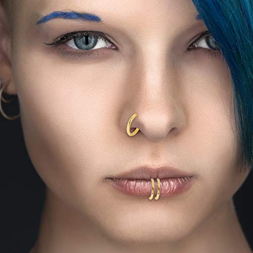 CrazyPiercing 8 pcs of Surgical Steel Clip on Non-Pierced Hoops Fake Nose Lip Ear Rings Piercing - style: gold color