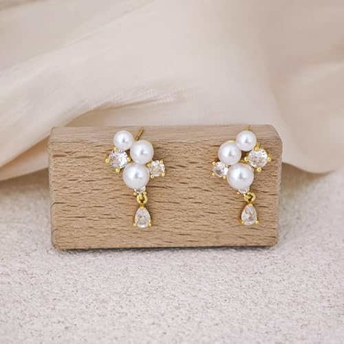 Pearl Earrings for Women Trendy, 14k Gold Plated Freshwater CZ Leaf Pearl Dangle Drop Gold Earrings Lightweight Hypoallergenic Stud Earring Bridesmaid Wedding Gold Jewelry for Women Gifts - style: cz pearl drop earrings