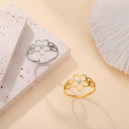 TEAMER Bohemian Hollow Flower Ring Stainless Steel Rhinestone Flower Ring Wedding Band Ring Exquisite Jewelry for Women - color: Silver - Flower With Rhinestone