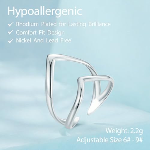 Silver Open Adjustable Stacking Rings for Women, Minimalist Wrap Band Set, Geometric/Heart/Wave/Leaf/Spiral Styles, Hypoallergenic, Gift Box Included, Thumb Ring Option - color: V-shaped Heart