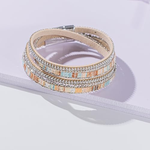 Boho Double Wrap Leather Bracelets Stackable Layered Western Hippie Jewelry | Colorful Stacked Bohemian Statement Chunky Magnetic Clasp Cuff Bangles Cowgirl Country Summer Beach Outfits for Women Trendy - color: Beige