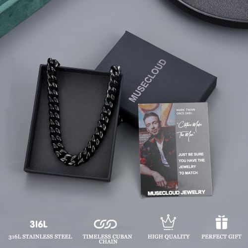 Gold Cuban Link Chain for Men Mens Stainless Steel Miami Curb Chains Necklace 5/8/10/12/14mm Thick Real Gold/Silver/Black Plated Diamond Cut Non-Tarnish Jewelry Trendy Gifts 16-30 Inch with Gift Box - color: 10mm Width - Black Plated, size: 30 in (76 cm)