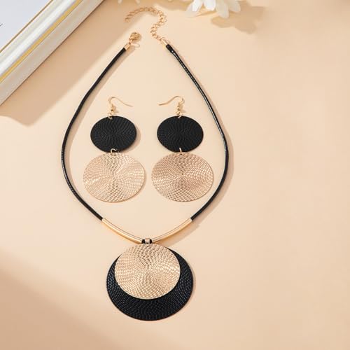 Statement Necklace and Earrings Set – 2PCS Gold Silver Chunky Geometric Pendant Jewelry with Snake Chain, Asymmetrical Ellipse Y-Necklace Metallic Fashion Jewelry for Women - color: D:Geometric Black Gold Set