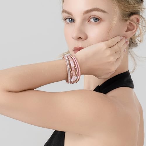 Chunky Boho Leather Wrap Bracelets Cowgirl Beaded Circle Western Jewelry | Stackable Infinity Layered Bohemian Magnetic Clasp Cuff Statement Fashion Colorful Country Hippie Outfits for Women Trendy - color: Pink