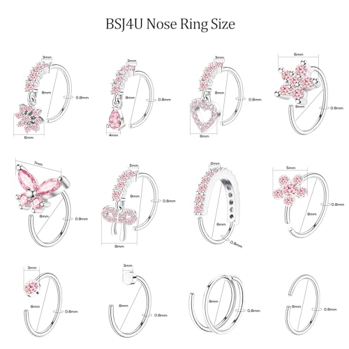 BSJ4U Hoop Nose Rings for Women Nose Piercings 20G Stainless Steel Nose Rings Hoops Heart Butterfly Flower Bow Teardrop Double Nose Hoops Gold Plated Silver Pink Clear CZ Nose Piercing Jewelry - color: Silver Pink Nose Rings
