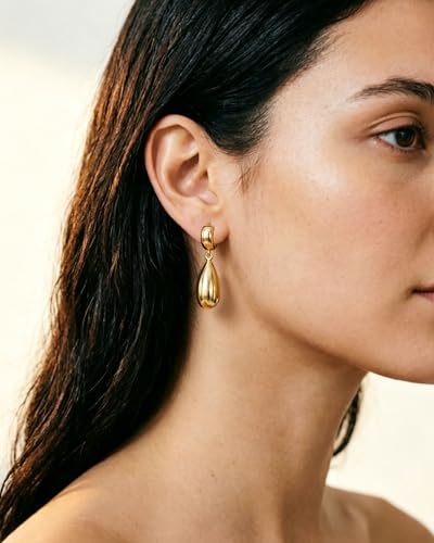 14K Gold Plated Chunky Huggie Hoop Earrings, Plump Teardrop Dangle Drop Earrings Elegant Statement Jewelry for Women - color: teardrop-long/gold