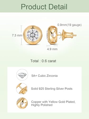 0.6-4 Carat 5A Cubic Zirconia/Simulated Emerald Sparkle Stud Earrings for Women, Hypoallergenic 925 Sterling Silver Posts, Anniversary Birthday Valentines Mothers Day Jewelry Gift - color: Yellow Gold, size: 0.6 Carat (0.30ct * 2)