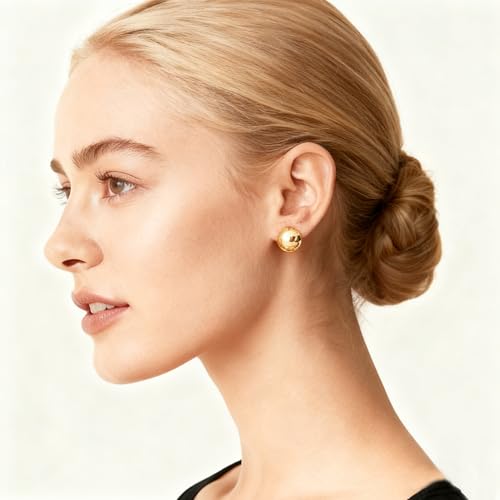 FAN&LOUIS Gold Ball Clip On Earrings, 24K Gold Plated Chunky Half Ball Earrings for Women Non-Pierced Ears Trendy Lightweight Hypoallergenic Clip-On Earrings - style: Gold
