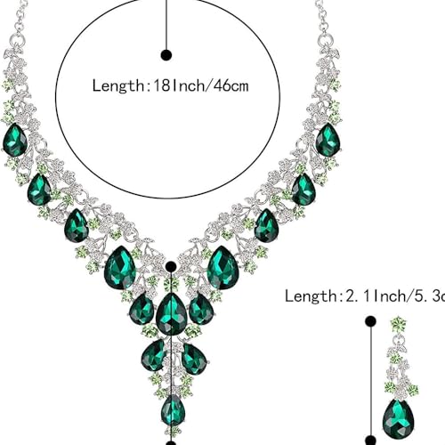 Bridal Bridesmaid Austrian Crystal Jewelry Set, Floarl rhinestone Statement Neckace Teardrop Necklace Drop Dangle Earrings Set - color: Emerald-Silver Tone