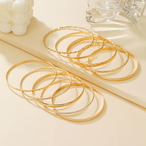 Gold Bangles for Women, 12 Pcs Boho Stackable Bracelets Multi Layer Textured Chunky Bracelets Jewelry Set for Women - color: Style D- 10 pcs gold