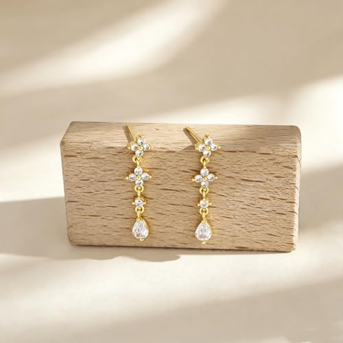Dangle Earrings for Women, Dainty Teardrop Drop Earrings 14K CZ Flower Gold Earrings for Women Trendy Bridal Earring Set Hypoallergenic Stud Dangly Earring Stack Wedding Prom Fashion Jewelry - color: cz flower drop earrings