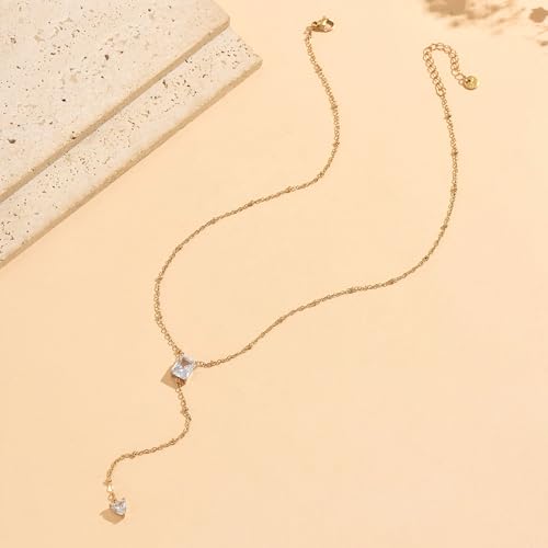 Dainty Y-Shaped Lariat CZ Drop Charm Pendant Necklaces for Women - color: Rectangle-CZ-GD