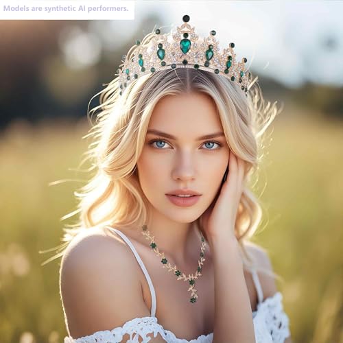 Kamirola Tiaras and Crowns for Women,Tiaras Earrings Necklace, Crystal Bridal Jewelry Set, Costume Party Halloween Prom Pageant Jewelry for Women(TR45) - color: Gold Green