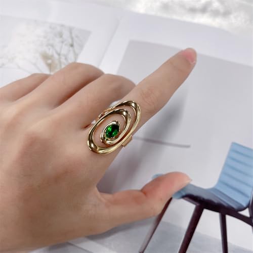 Vintage Green CZ Oval Statement Adjustable Open Rings for Women Stainless Steel Gold Plated Dainty Crystal Swirl Geometric Stackable Finger Band Rings Comfot Fit Fashion Trendy Jewelry