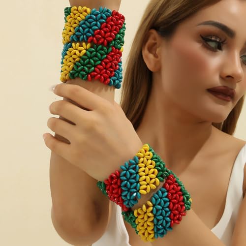 Bohemian Multicolor Natural Wooden Beads Woven Stretch Bracelets Retro Thick Coconut Shell Wood Beaded Elastic Wristband Bracelet Wide Chunky Ethnic Bangles for Women Holiday Jewelry Gifts - style: StyleI