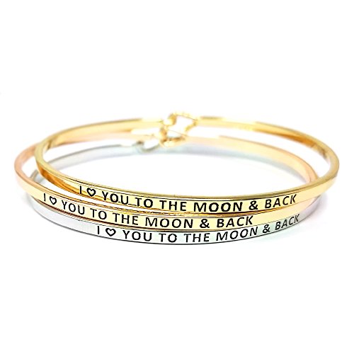 by you Inspirational Positive Message Engraved Thin Cuff Bangle Hook Bracelet - color: I Love You to The Moon & Back-Gold