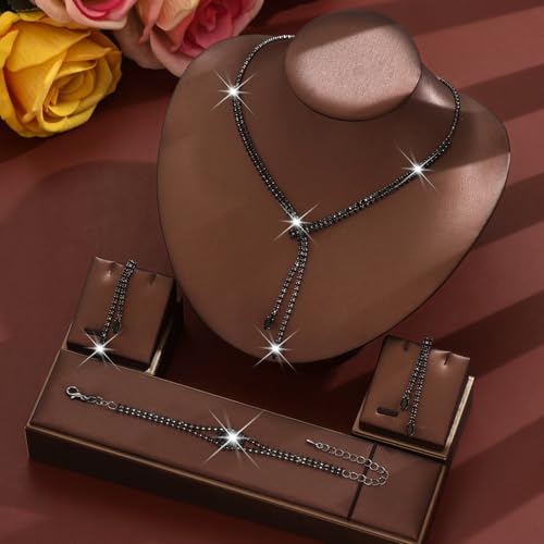 4 Pieces Cubic Zirconia Wedding Jewelry Sets for Bride Rhinestone Bridal Jewelry Set Necklace Bracelet Earring Ring for Brides Bridesmaid for Wedding Party - color: 4 PCS-Black