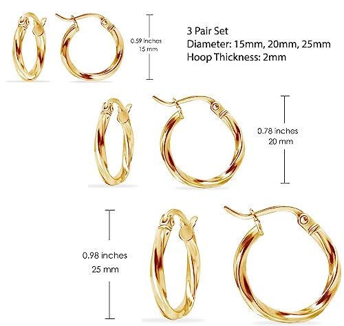 Hoops & Loops 925 Sterling Silver Twisted Hoop Earrings for Women - Hypoallergenic 14K Gold, Rose Gold, Black Flash Plated 2mm Thin Twist Design Round Click-Top Hoops, 15/20/25/30/35/40/50/60mm - color: 15,20,25mm - Gold