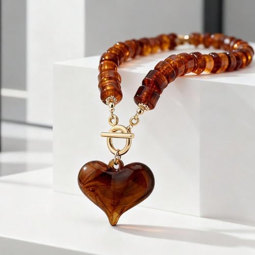 Chunky Heart Necklaces for Women Colorful Resin Beaded Necklaces for Women Gold Puffy Heart Statement Necklace Trendy Acrylic Choker Jewelry Gift - color: Amber