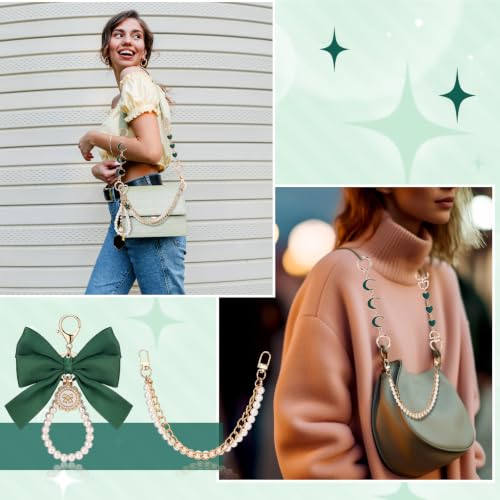 Sureio 5 Pcs Bag Extender Chain Pearl Purse Chain Ribbon Bow Keychain Extender Bag Strap Purse Charms Accessories for Handbag - color: Dark Green and Gold