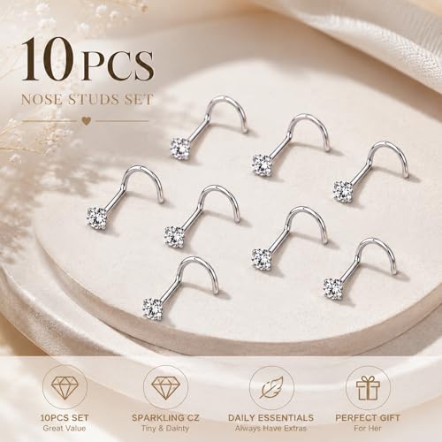 20G Nose Rings for Women, L Shaped Nostril Piercing Studs | 316L Stainless Steel, 0.8 mm×7 mm, 2 mm CZ or 3-4 mm Heart, Star, Moon and Cross, Gold-Tone or Silver-tone, Daily Wear - style: Moonlight Silver