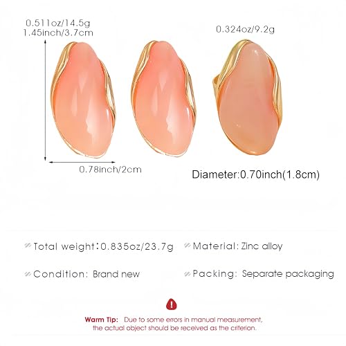Colorful Chunky Earrings Ring for Women, Resin Boho Large Oval Acrylic Finger Ring Statement Stainless Steel Adjustable Rings Beach Summer Jewelry Gift - color: Pink Set