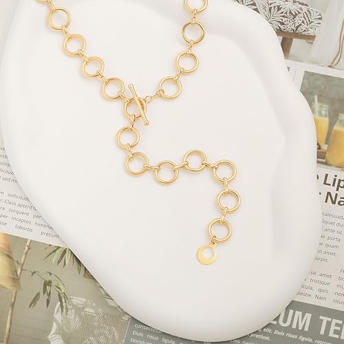 Aobei Pearl 18K Gold or Platinum Long Chain Necklace for Women Chunky Statement Chain Link Necklace Adjustable Geometric Open Chain Layering Jewelry - color: Gold Round Chain