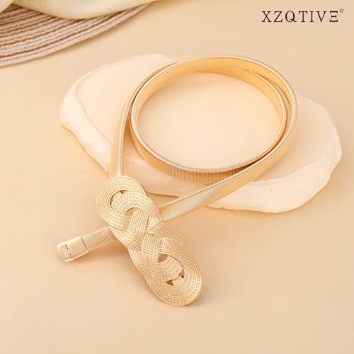 XZQTIVE 2 Pieces Women Skinny Metal Chain Waist Belt Stretchy Saree Cinch Belt for Dress Gold Sliver - color: 09 Gold, size: Fit waist 38-41 in
