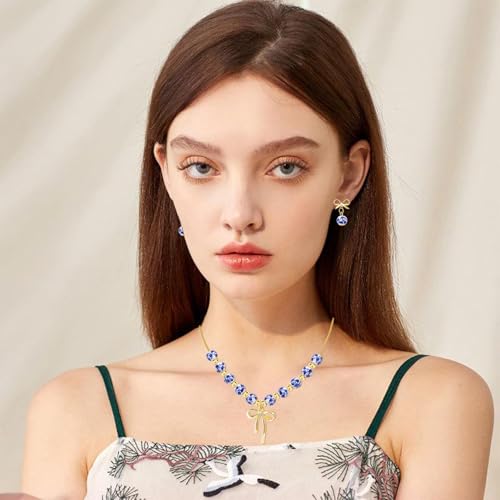 NEWITIN 2 Pieces Summer Beach Jewelry for Women Chunky Beaded Necklace Bracelet Trendy Big Resin Beaded Choker Boho Charm Statement Colorful Jewelry Set for Women - color: Gold Bow A