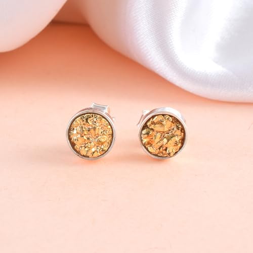5 MM Natural Gemstone 925 Sterling Silver Hypoallergenic Studs Earrings Jewelry for Women Dainty Trendy Antiqued Silver Birthstone Earrings Jewelry Gifts for Women and Her - color: Golden Druzy