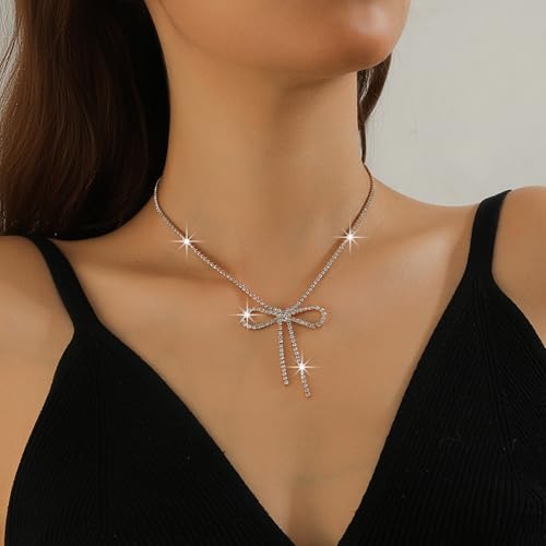 NEWITIN 4 Pieces Crystal Jewelry Set for Women Wedding Costume Accessories | Hypoallergenic, Cubic Zirconia, Necklace Earrings Bracelet, Tennis, Silver Jewelry for Wedding Bride Bridesmaid Party Prom - color: Silver Bow