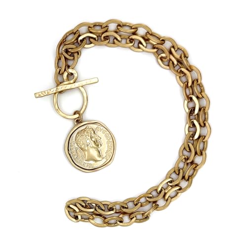 MISS SECRET Chunky Gold Necklaces for Women Coin Statement Necklace Antique Silver and Gold Chain Thick Toggle Pendant Trendy Fashion Jewelry - style: Worn Gold-M