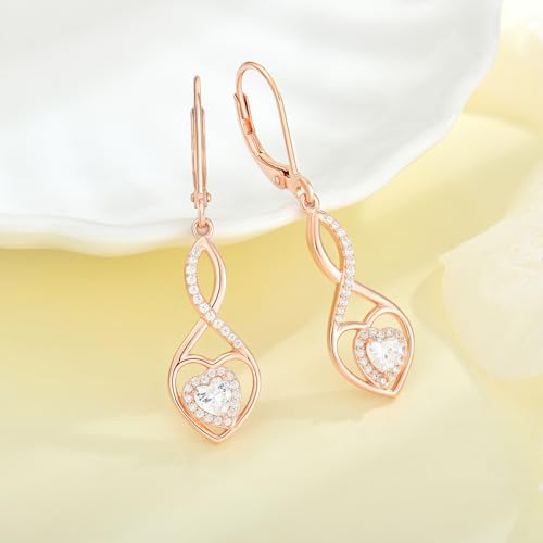 Infinity Heart Rose Gold Jewelry Set for Women 925 Sterling Silver Cubic Zirconia Necklace and Earrings Set April Birthstone Jewelry Gifts