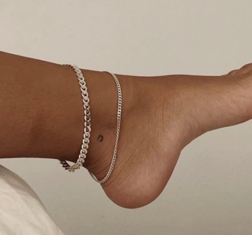 Waterproof Ankle Bracelets for Women Gold Anklets Non Tarnish Pearl/Figaro/Cuban/Snake Chain Anklet Adjustable Anklets for Womens Summer Beach Anklet Foot Jewelry for Women Gift - color: Figaro Chain-Silver