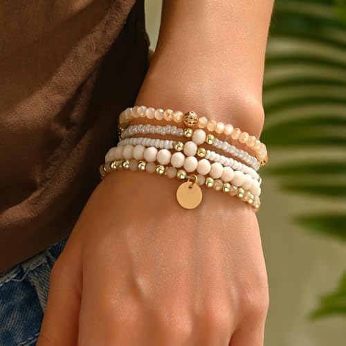 Bohemian Handmade Crystal Seed Beads Disc Pendant Colorful Multilayered Elastic Bracelets Stackable Stretch Strand Bangles Friendship Summer Beach Jewelry for Women - color: beige