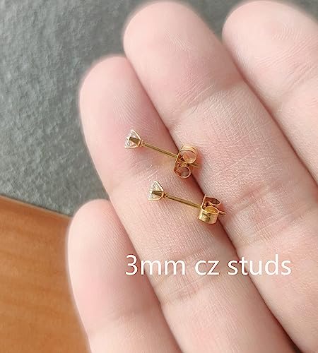 6Pairs 2mm/3mm Surgical Steel Hypoallergenic Piercing Studs, 20G 14K Real Gold Filled Tiny Stud Earrings Set for Multiple Hole Piercing (Cubic Zirconia, Pearl, Ball) - style: I : 2MM + 3MM, Cubic Zirconia, 6 Pairs