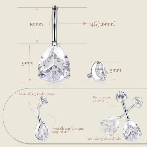 AROWRO Gold Belly Button Ring G23 Titanium Hypoallergenic 14G belly ring for Women Men Teardrop Navel Piercing Jewelry 10mm Barbell With Cubic Zircon - color: Silver+Teardrop Clear CZ