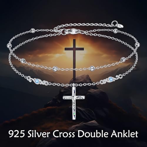 LUHE Cross Ankle Bracelets Sterling Silver Religius Double Chain Anklets Christian Baptism Layered Anklet Jewelry Gifts for Women - style: Luxury cross anklet