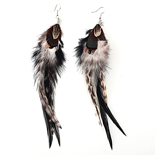 Bohemian Long Feather Earrings for Women Handmade Natural Dangle Tassel Jewelry - color: Style H