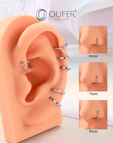 OUFER Opal and CZ 20G Nose Rings Hoops, 316L Surgical Steel Hinged Segment Nose Piercing Jewelry, Septum Lip Eyebrow Rings Cartilage Conch Rook Helix Tragus Daith Earrings For Women and Men-6/7/8MM - color: Purple CZ